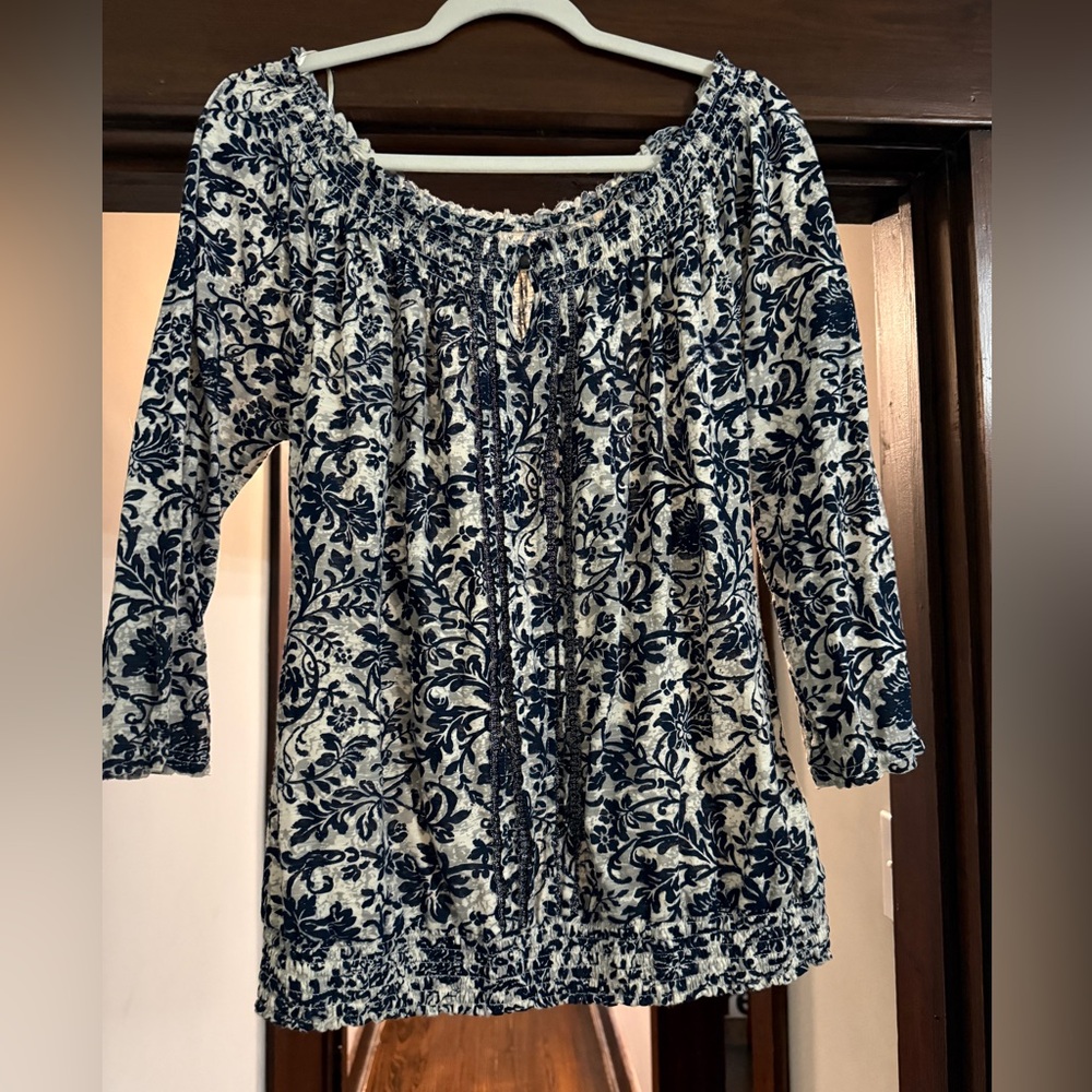 Lucky Brand Navy and White Floral Blouse